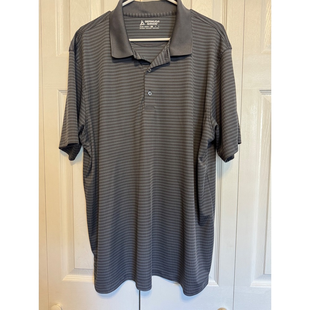 Bermuda Sands Mens XL‎ Grey Striped Golf Polo Salt Creek Golf Retreat Wick Away